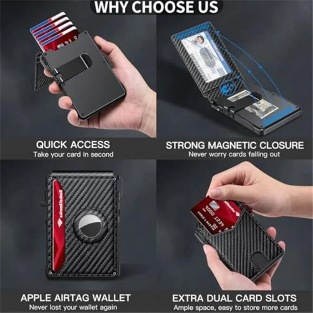 RFID Blocking AirTag Wallet Minimalist Pop Up Card Holder Money Clip Slim